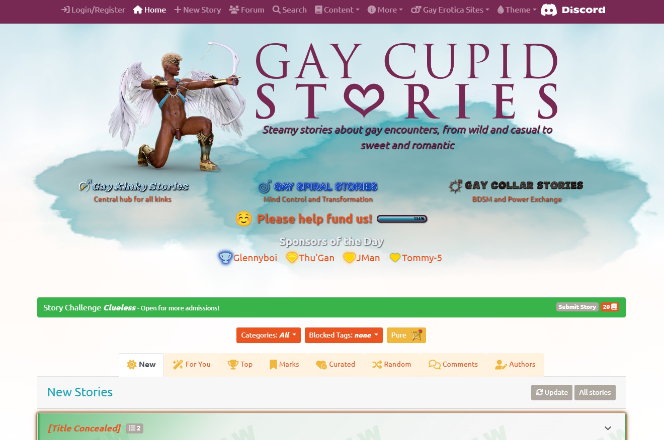 Gay Cupid Stories home page with Cupid hero art by Hijaden